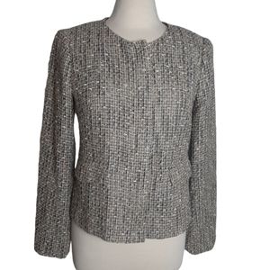 TALBOTS Tan/Gold Tweed Collarless Zipper Front Blazer Sz 8